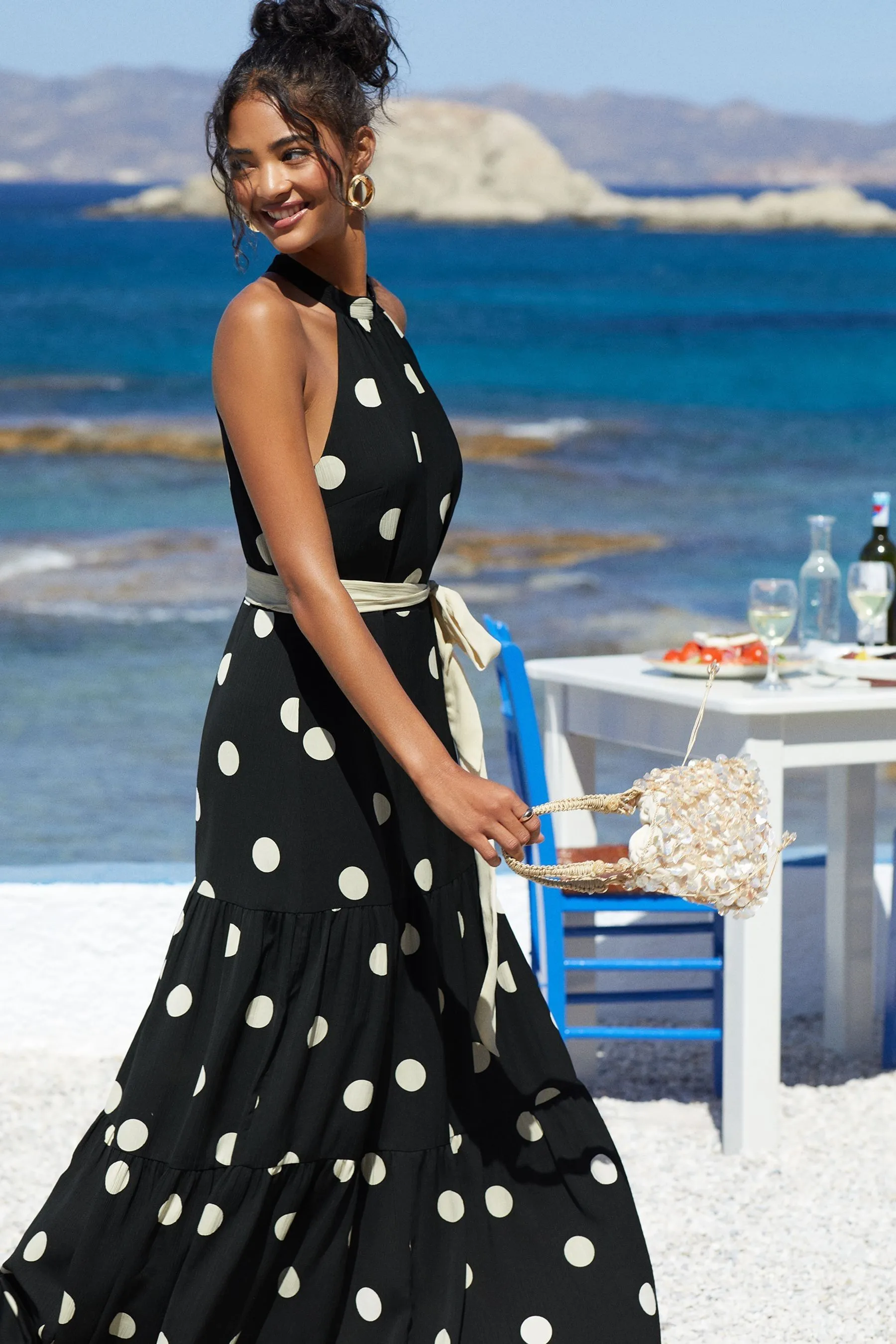 Friends Like These con scollo all'americana - Abito maxi a pois a balze con allacciatura laterale in chiffon