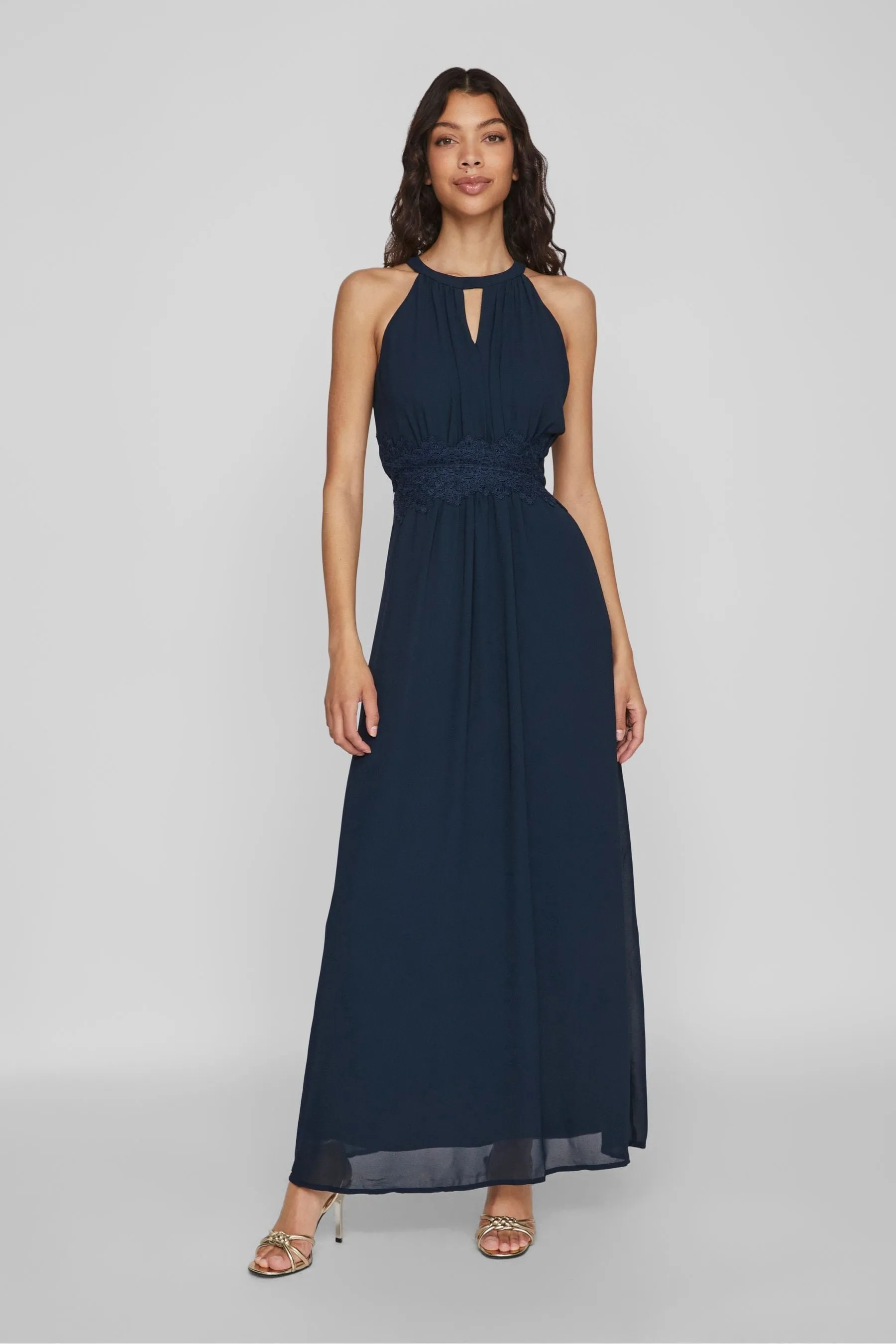 Vila - Abito maxi in tulle allacciato al collo