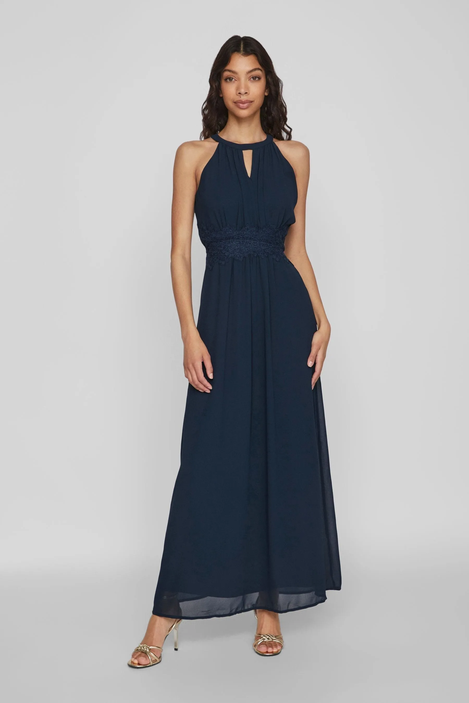 Vila - Abito maxi in tulle allacciato al collo